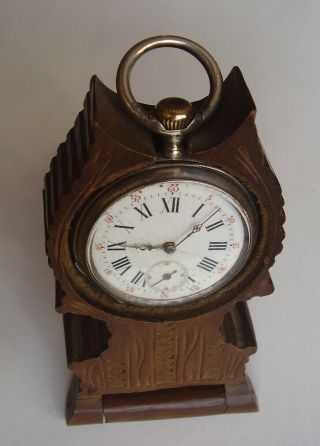 Antique Silver Pocket Fob Watch & Carved Black Forest Watch Stand C 1890