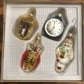 Vtg Christmas Tree Ornaments Owl Clown Clock Lantern Glass Figural West Germany