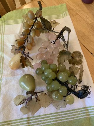 Antique Chinese Hand Carved Stone Fruit Jade,  Rose Quartz,  Agate,  Grapes & Pear