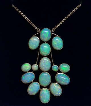 Antique Arts & Crafts Natural Opal Necklace 18ct Gold & Plat - Length 17.  25in