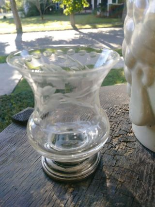 Vintage Engraved Glass Toothpick Holder W Sterling Silver Base 3.  25 " Tall