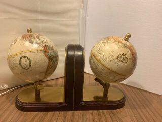 Vintage Rare Replogle World Classic Solid Brass Wood Globe Bookends