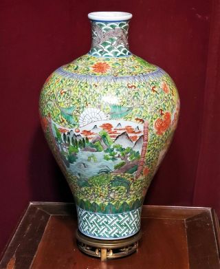 Vintage Chinese Porcelain Large Vase Famille Verte Enamels Peonies Deer Marked