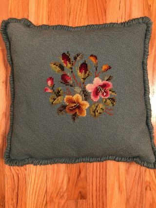 Vintage Needlepoint Pillow Cover Turquoise With Flowers Wool 15 X 15