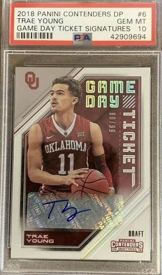 2018 - 19 Contenders Draft Trae Young Rc Auto Game Day Tick.  Psa 10 Gem /99
