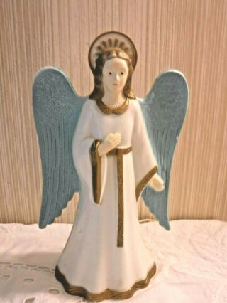 Vintage Gem 8 " Hard Plastic Angel Lighted Tree Topper W Blue Wings,  Gold Accent