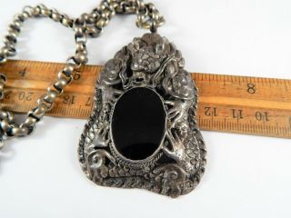 Antique Or Vintage Asian Chinese Sterling Silver And Onyx Dragon Necklace