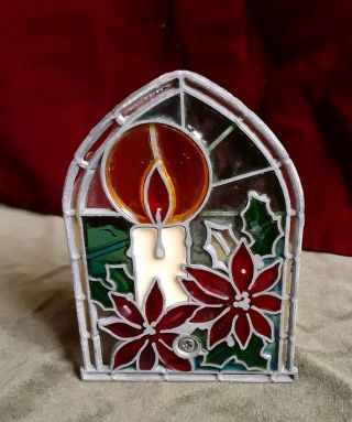 Vtg Tiffany Glow Candle Holder Christmas Wreath Cast Iron Stained Glass