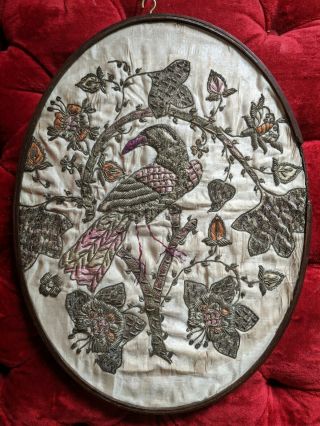 Antique 19th C.  Metal Embroidery On Silk 1850s Bird Floral Embroiderered Art