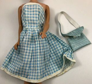 For Vintage Barbie - Ooak Clothes 1960s - Blue Checked Dress And Purse