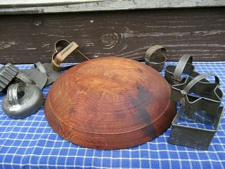 Antique Vintage Primitive Wooden Bowl W/ Rim & Handmade Cookie Cutters