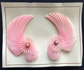 Vintage Earrings - Pink Feather Lite Clip On Earrings With Glass Stone