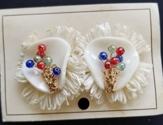 Vintage Earrings - White And Colorful Glass Bead Clip On " Festive " Earrings