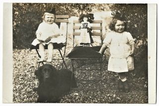 Two Little Girls W Doll & Flat Coated Retriever Dog Vintage 1920 Rppc
