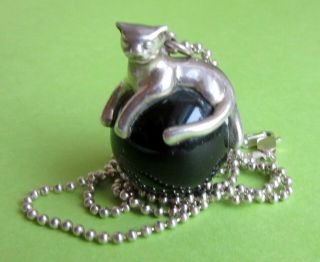 Large Vintage Sterling Silver Black Onyx Ball Orb & Cat Estate Pendant