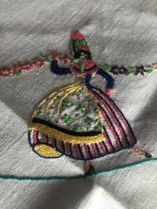 Vintage Dancing Ladies Hand Embroidered Small Cream Irish Linen Tablecloth