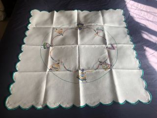 Vintage Dancing Ladies Hand Embroidered Small Cream Irish Linen Tablecloth 2