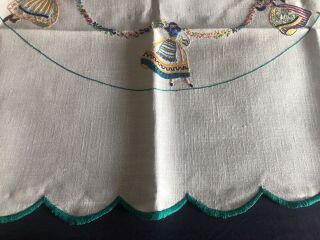 Vintage Dancing Ladies Hand Embroidered Small Cream Irish Linen Tablecloth 3
