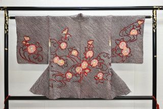 Vintage Silk Kimono Jacket:fully Shibori Black/red Chrysanthemum@yw94