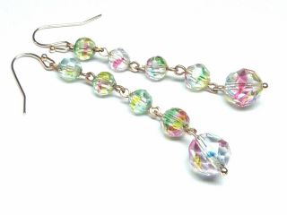 1930s Art Deco Iris / Rainbow Glass Long Drop Earrings - Match Vintage Necklaces