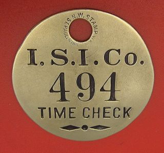 Vintage Time Check Brass Tag: Inland Steel Industries; Tool Check
