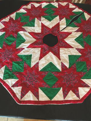 Vintage Handmade Star Red Green Patchwork Christmas Tree Skirt Quilt