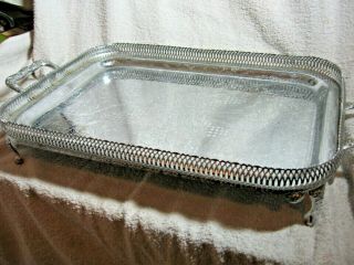 Vintage Silver Plated / Silver Colour Metal Tray With Feet And Gallery.