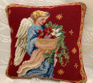 Vintage Christmas Needle Point Pillow Angel W Basket Red 10 " Sq Red Velvet Back