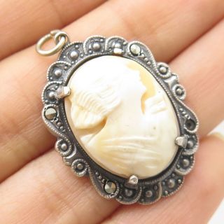 Antique 925 Silver Real Marcasite Cameo Gemstone Victorian Lady Pendant