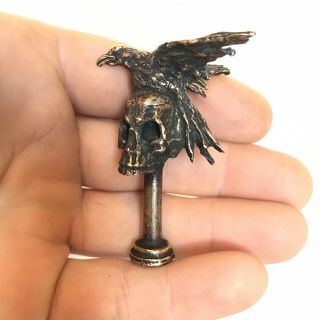 Rare Vintage Pipe Tamper Death Skull With Raven/crow Bird Bronze Brass Smoking
