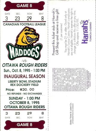 Cfl Memphis Mad Dogs Complete Ticket Vs Ottawa Rough Riders - 10/8/1995