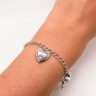 Antique Victorian 925 Sterling Silver Repousse Puffy Heart 5 Charm Bracelet