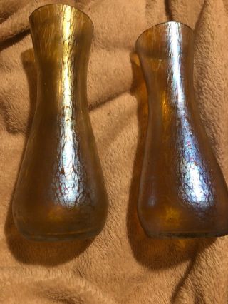 Pair Antique Art Nouveau Loetz Gold Iridescent Art Glass Vases