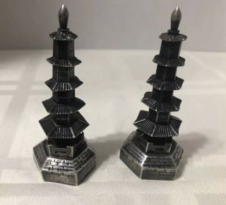 Vintagee Chinese Sterling Silver Pagoda Temple Salt & Pepper Shakers 2