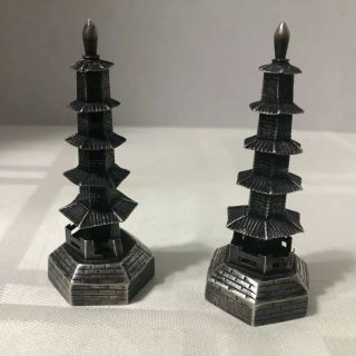 Vintagee Chinese Sterling Silver Pagoda Temple Salt & Pepper Shakers 3