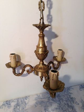 Vintage French 3 Arm Ornate Bronze Chandelier Ceiling Light (3463)