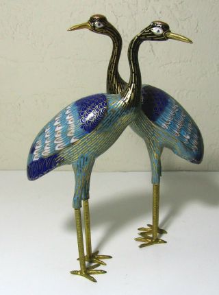 Fine Old Chinese Cloisonne Enamel Brass Crane Bird Statues Figures 10 ",  10 - 1/2 "