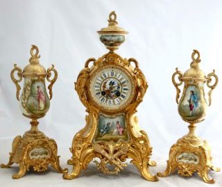 Antique French Mantle Clock Gilt Metal & Sevres 3 Piece Garniture Set