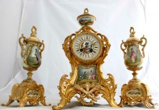 Antique French Mantle Clock Gilt Metal & Sevres 3 Piece Garniture Set 2