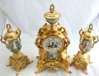 Antique French Mantle Clock Gilt Metal & Sevres 3 Piece Garniture Set 3