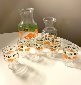 Vintage Mid Century Orange Juice Carafes And Glasses Set 1960 