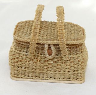 Vintage Dollhouse Miniature Artisan Wicker Picnic Lined Basket Hand Woven