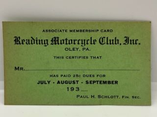 Vintage 1930’s Rmc Reading Motorcycle Club Oley,  Pa.  Associate Membership Card