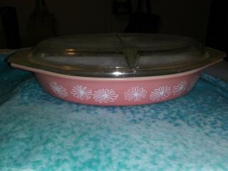 Vintage Pyrex Pink Daisy Divided Dish With Lid 1 1/2 Qt 063