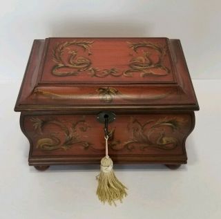 Vintage Treasure Chest Wood Jewelry Box Brass Hardware Red Lining With Lock Key