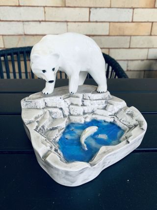 Vintage Ceramic Polar Bear Ash Tray Ashtray Dish Fish Pond In Snow