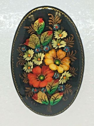 Stunning Oval Black Lacquer Russian Wooden Painted Floral Flower Brooch Pin Vtg
