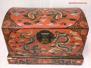 Chinese Late 19thC Qing Guangxu Era Qiangjin & Tianqi Dragons Lacquer Chest 3