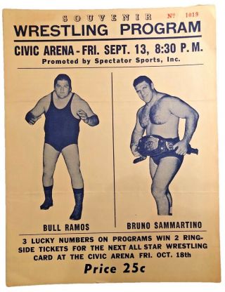 Vintage 1968 Wwwf Wrestling Program Pittsburgh Pa Civic Arena Bruno Sammartino