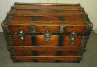 Antique Steamer Trunk Vintage Victorian Flat Top Travel Chest Tray & Key C1890